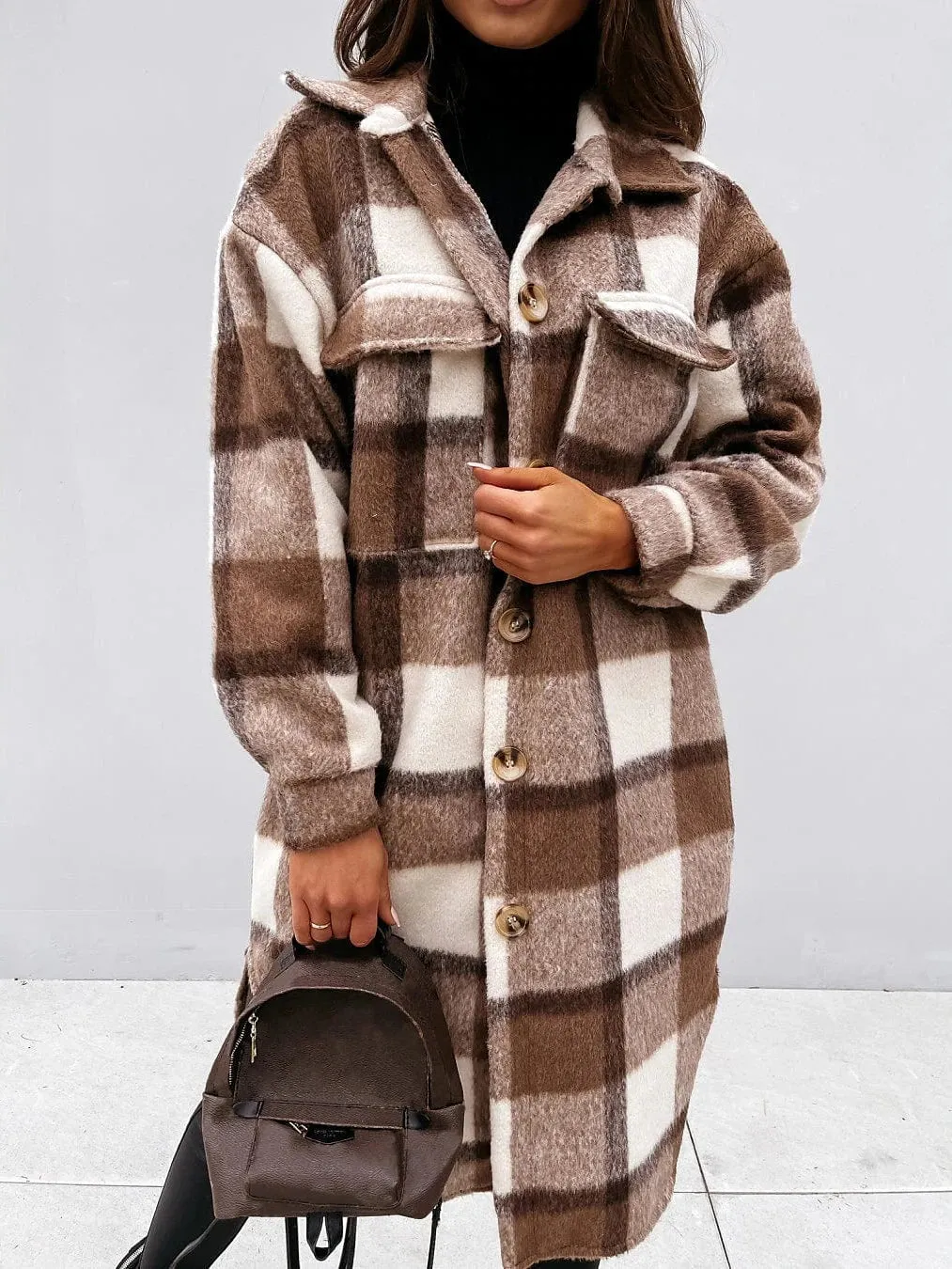 Winter Plaid Wool Blend Shacket Jacket for Women