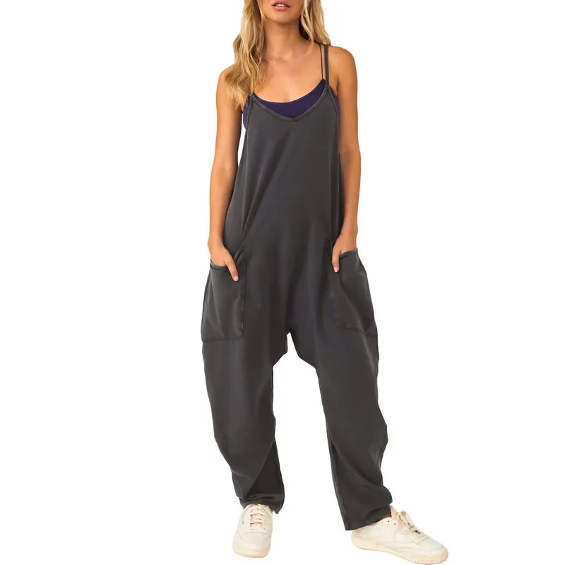 Ashore Shop Woman Casual Jumpsuit Women Casual Loose Long Bib Pants Wide Leg 2 Zipper Jumpsuits Baggy Rompers Overalls With Pockets