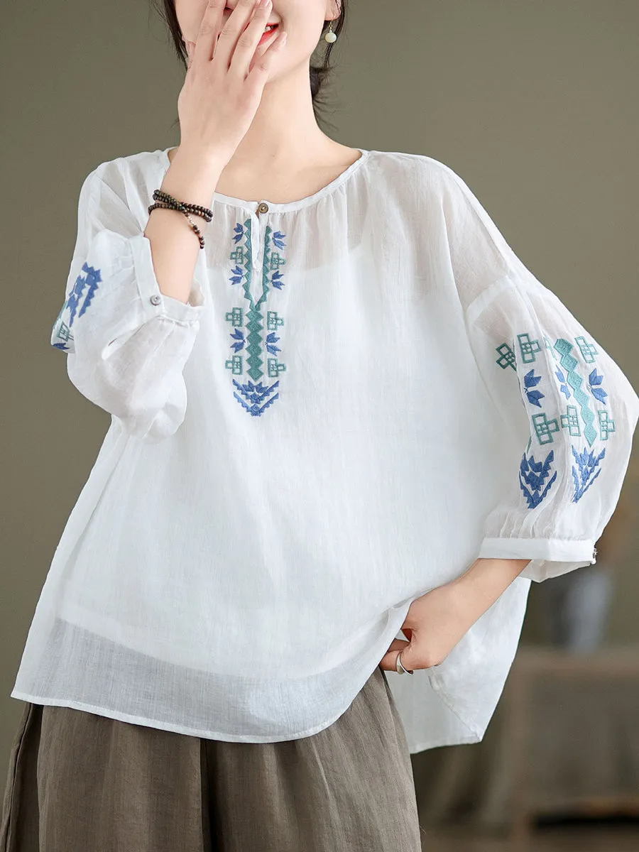 Women Artsy Summer Embroidery O-Neck Ramie Blouse KL1019