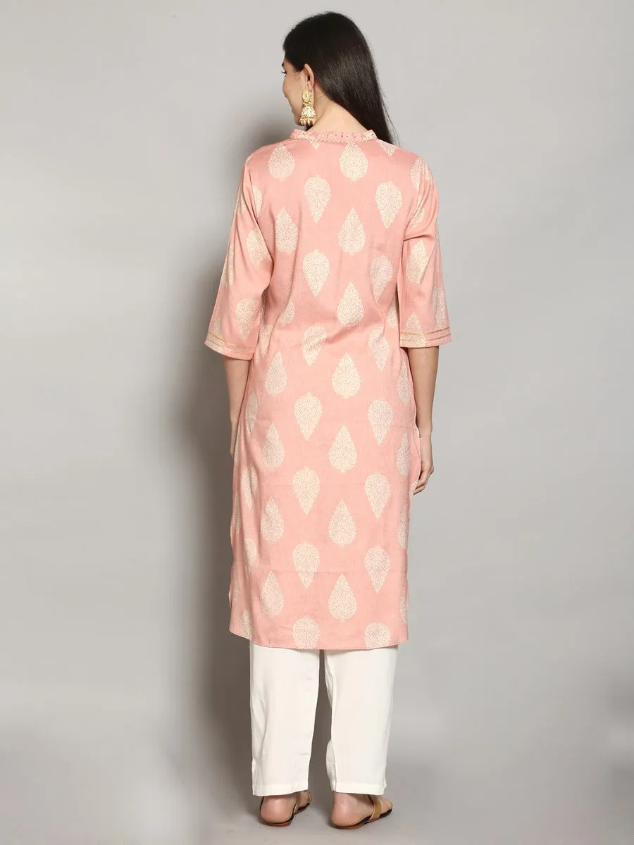 Women Baby Pink Ornamental Printed Kurta