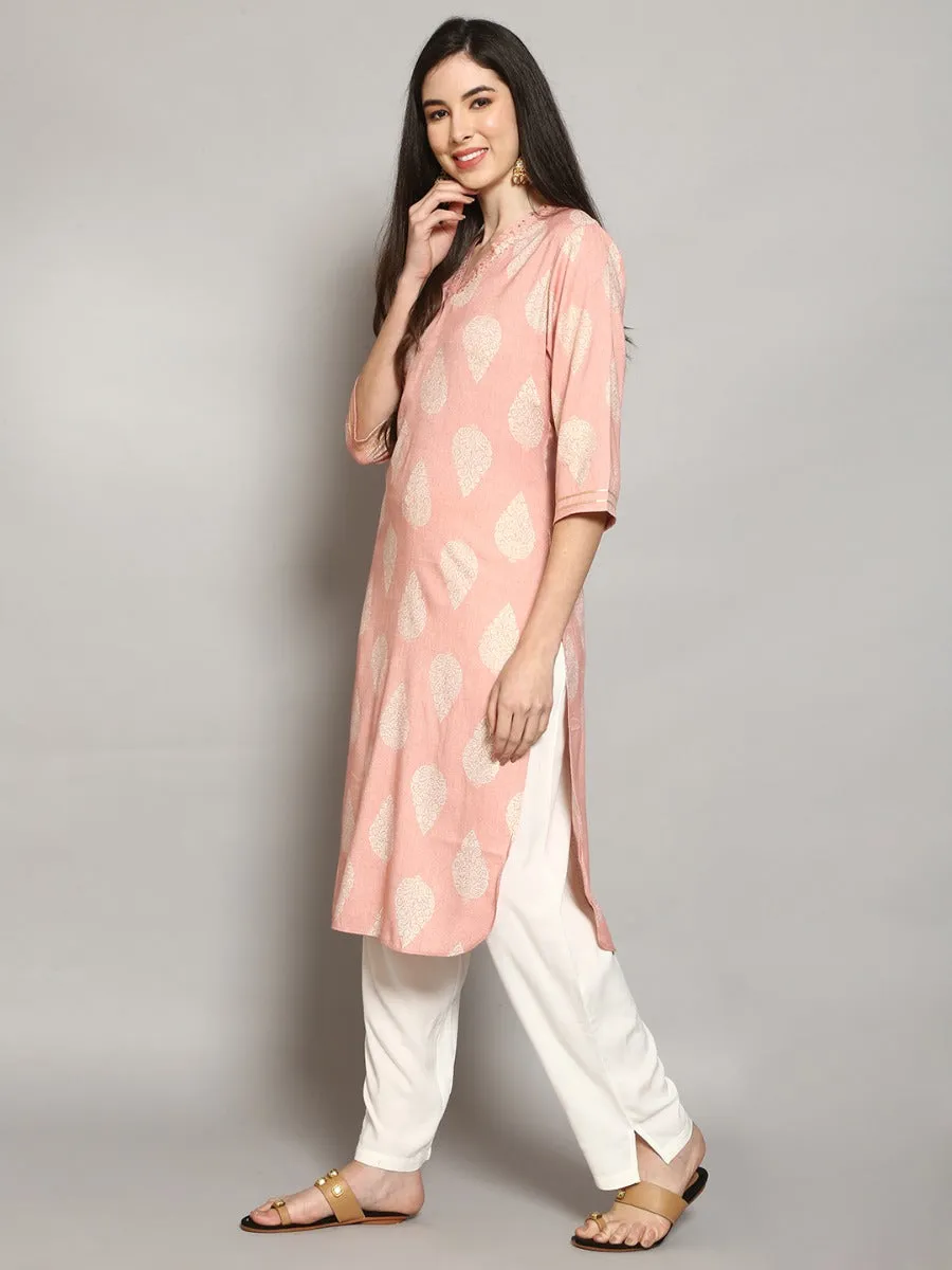 Women Baby Pink Ornamental Printed Kurta