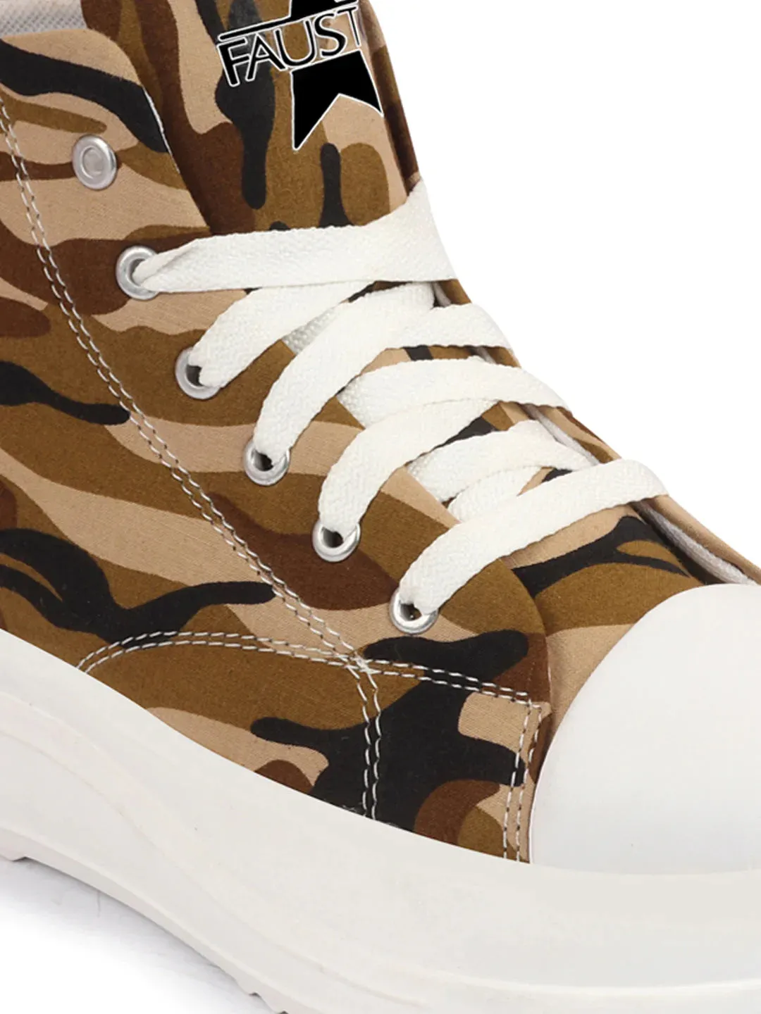 Women Teek High Ankle Top Wedge Heels Camouflage Print Canvas Lace Up Sneakers Shoes