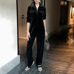 Women Black Velvet loose jumpsuit,Long Sleeves Romper,Shirt Straight Pants Jumpsuit,Jumpsuit women formal,Corset Top Wide Leg Pants Overalls