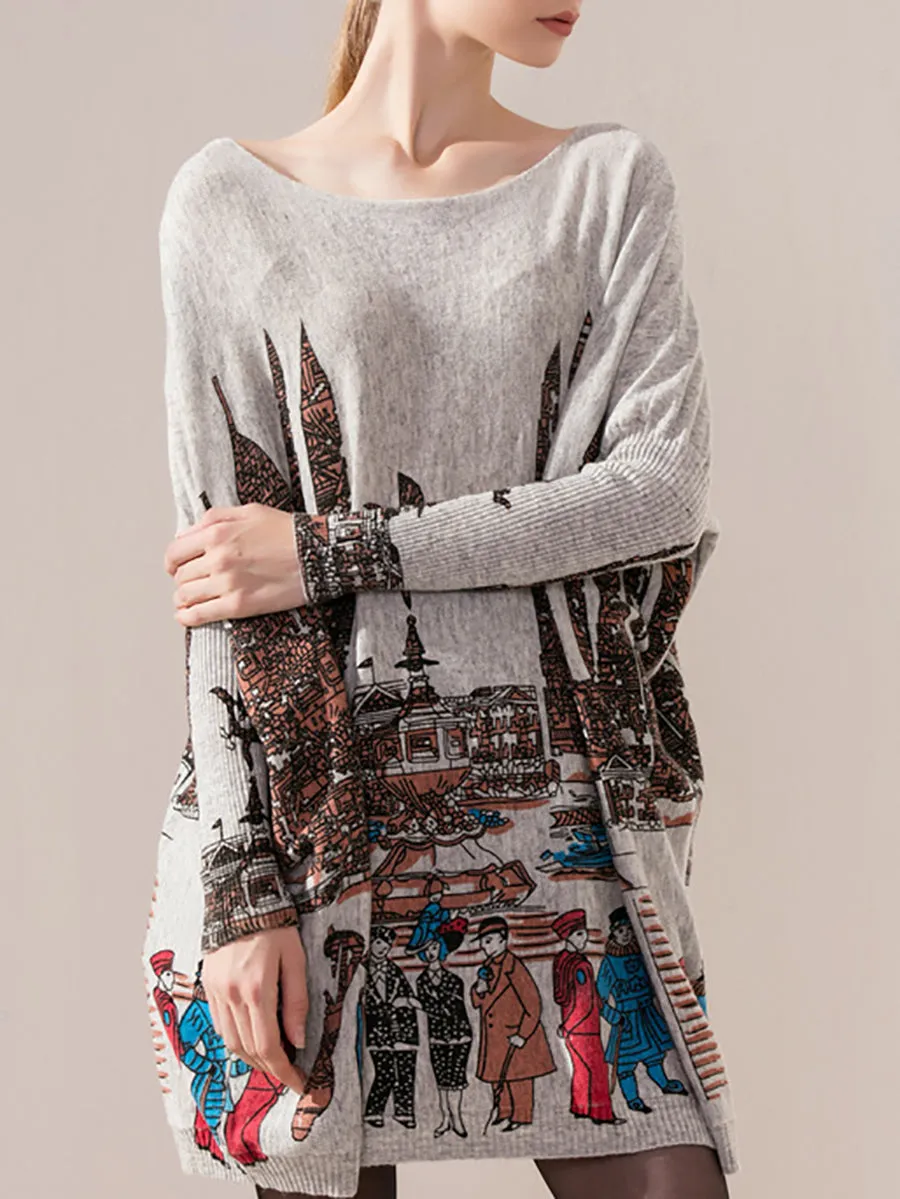 Women Casual Print Batwing Sleeve Sweater