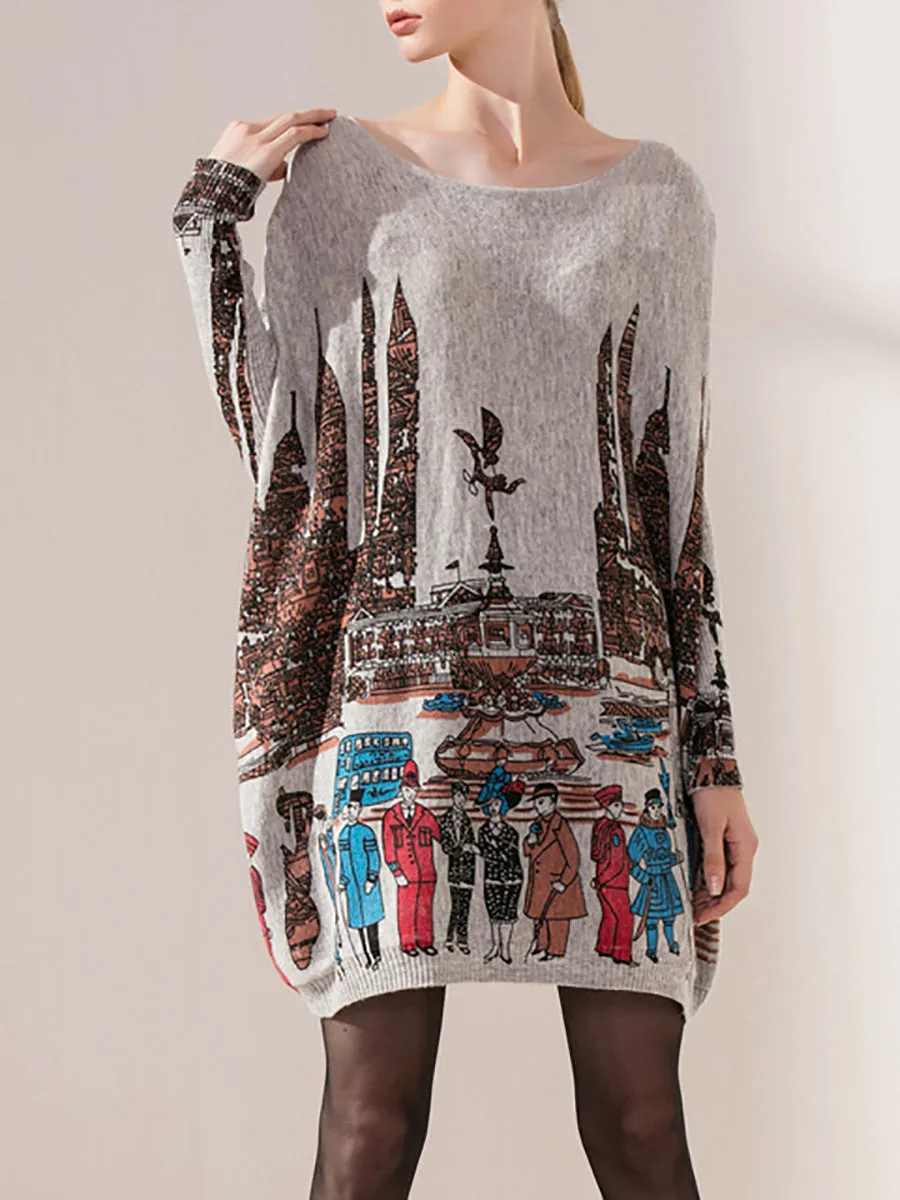 Women Casual Print Batwing Sleeve Sweater