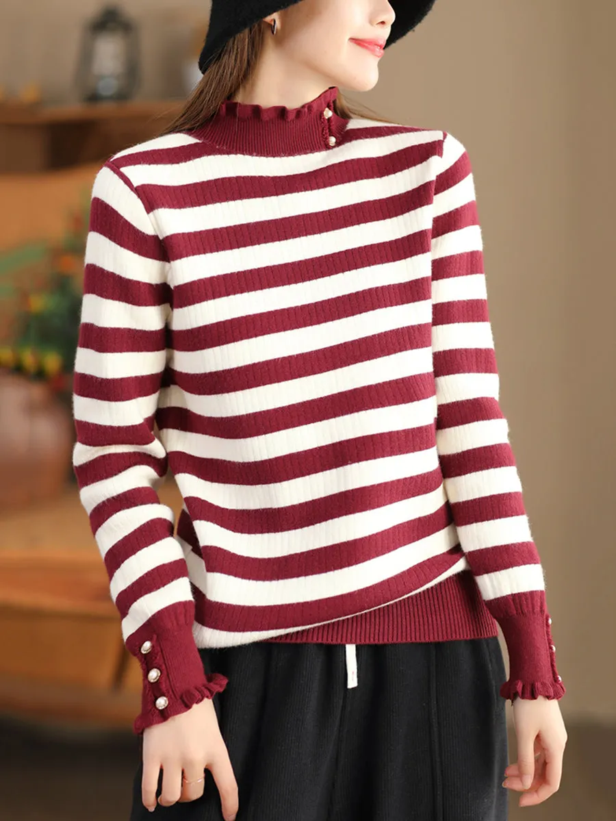 Women Casual Winter Stripe Knitted Lacework Sweater