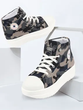 Women Grey High Ankle Top Wedge Heels Camouflage Print Canvas Lace Up Sneakers Shoes