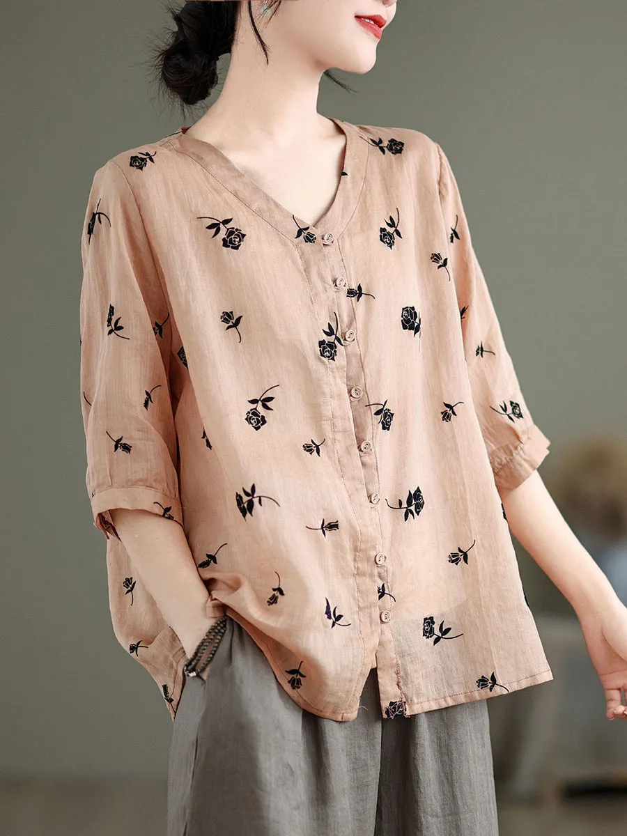 Women Spring Vintage Floral Ramie Button-up Shirt SC1024