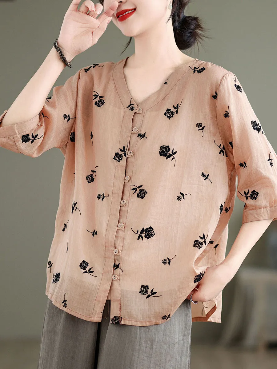 Women Spring Vintage Floral Ramie Button-up Shirt SC1024