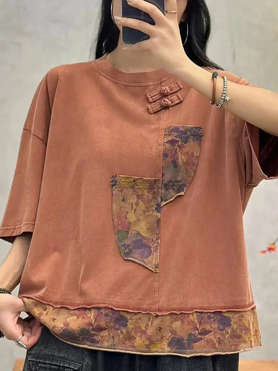 Women Summer Spliced Retro Cotton Shirt PA1017