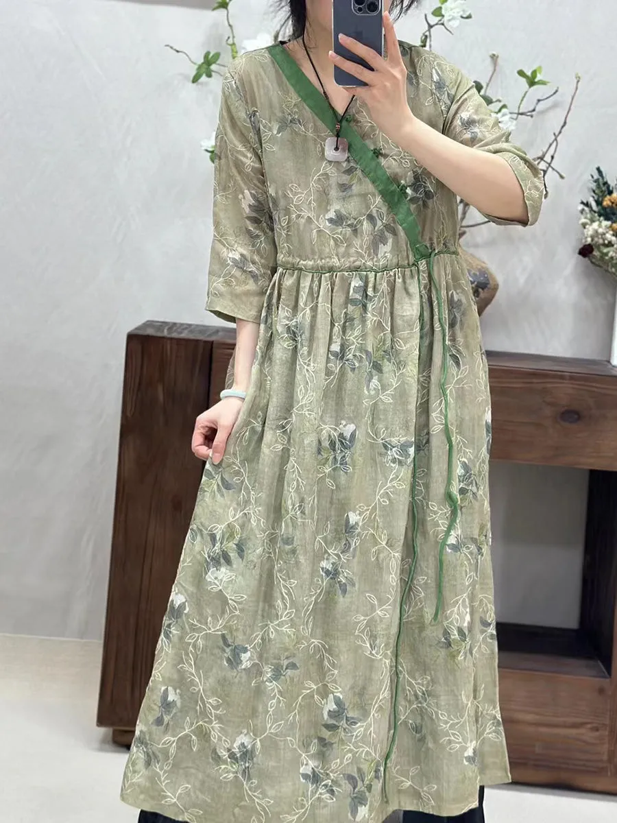 Women Vintage Flower Spliced Linen Dress CO1002