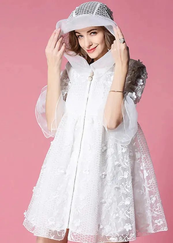 Women White Hooded Embroidered Tulle Mini Dresses Flare Sleeve HA1037