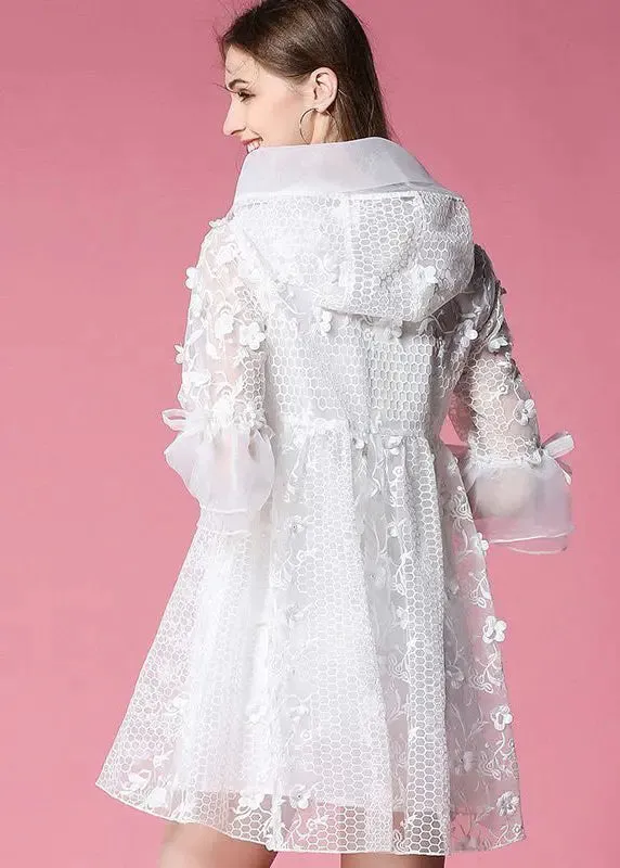 Women White Hooded Embroidered Tulle Mini Dresses Flare Sleeve HA1037